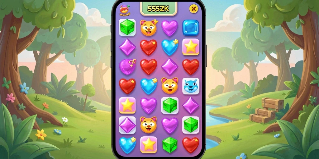 Tampilan gameplay <strong>555ZK</strong> yang penuh warna dan tantangan Match-3.