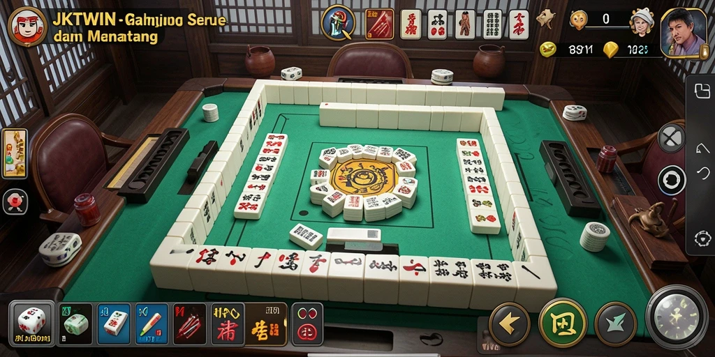 Screenshot gameplay JKTWIN menampilkan papan Mahjong yang penuh warna.
