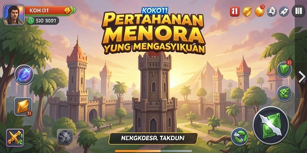 Screenshot KOKO11 menampilkan aksi menara bertahan yang dinamis.